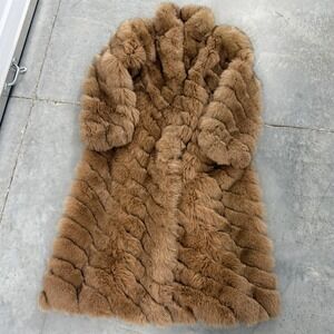 Honey Brown Faux Fur Long Coat Chevron Tiered Shaggy Statement Jacket Tan